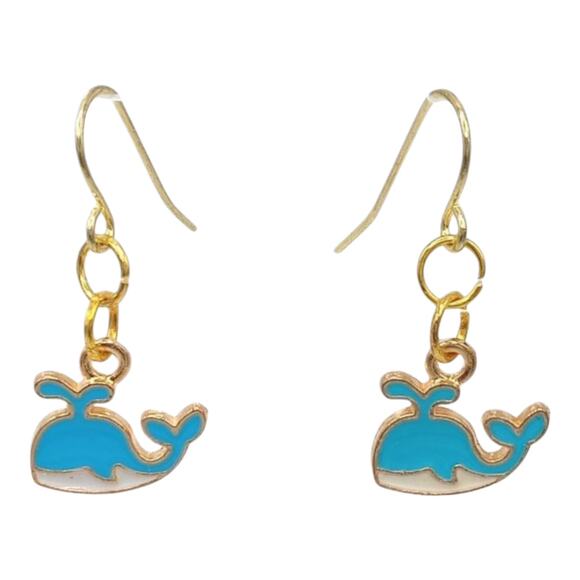 Blue Whale Earrings Ocean Theme Jewelry Dainty Enamel Dangle Earrings - Picture 1 of 3